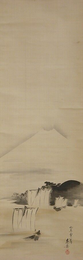 Sailboats and Mt. Fuji, Shibata Zeshin (Japanese, 1807–1891), Hanging scroll; black paint on silk, Japan 