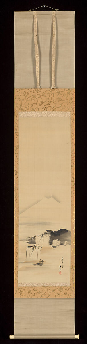 Sailboats and Mount Fuji, Shibata Zeshin (Japanese, 1807–1891), Hanging scroll; black paint on silk, Japan
