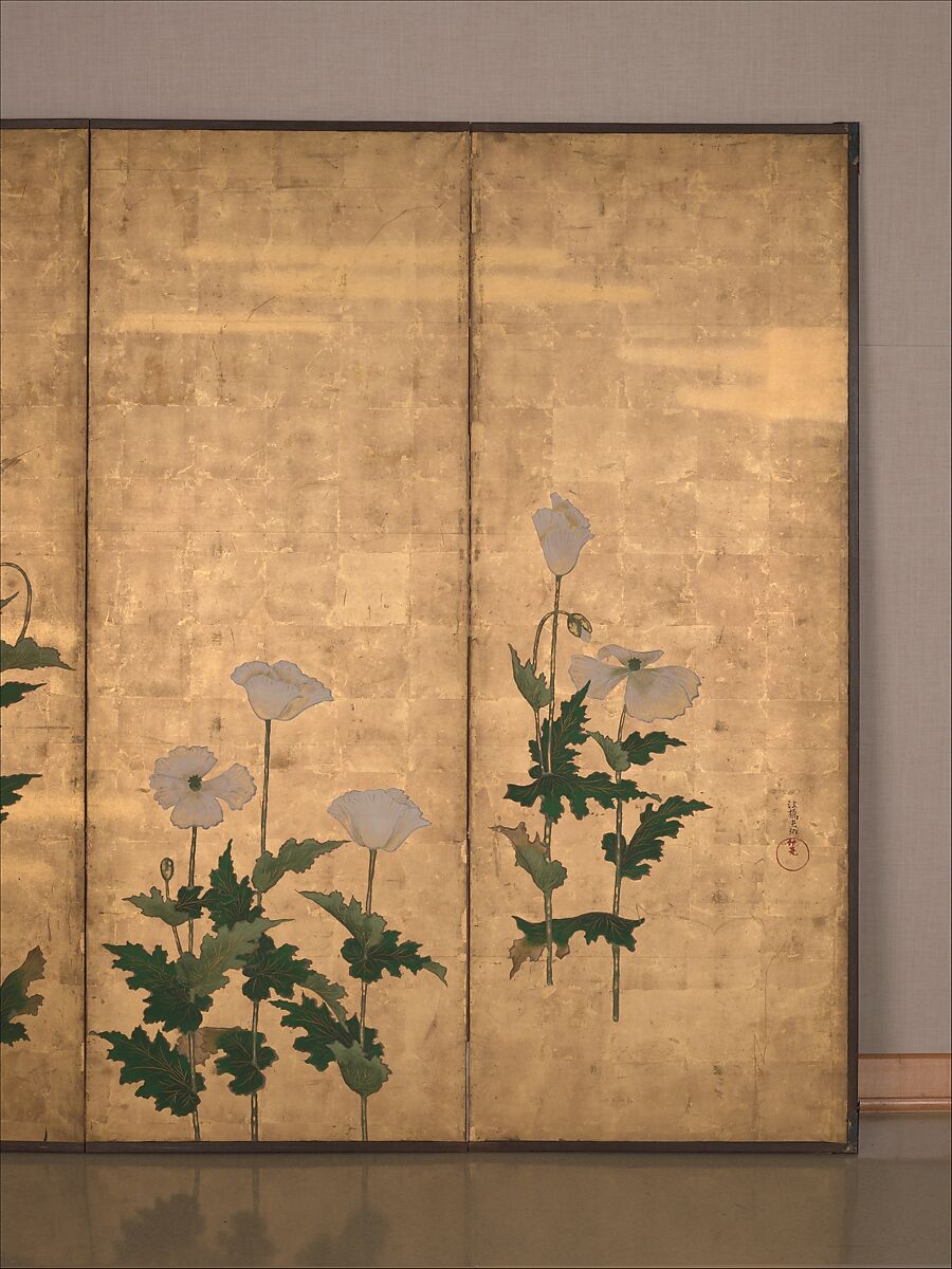 White Poppies on Gold Ground, School of Ogata Kōrin (Japanese, 1658–1716), Six-panel folding screen; color on paper, Japan