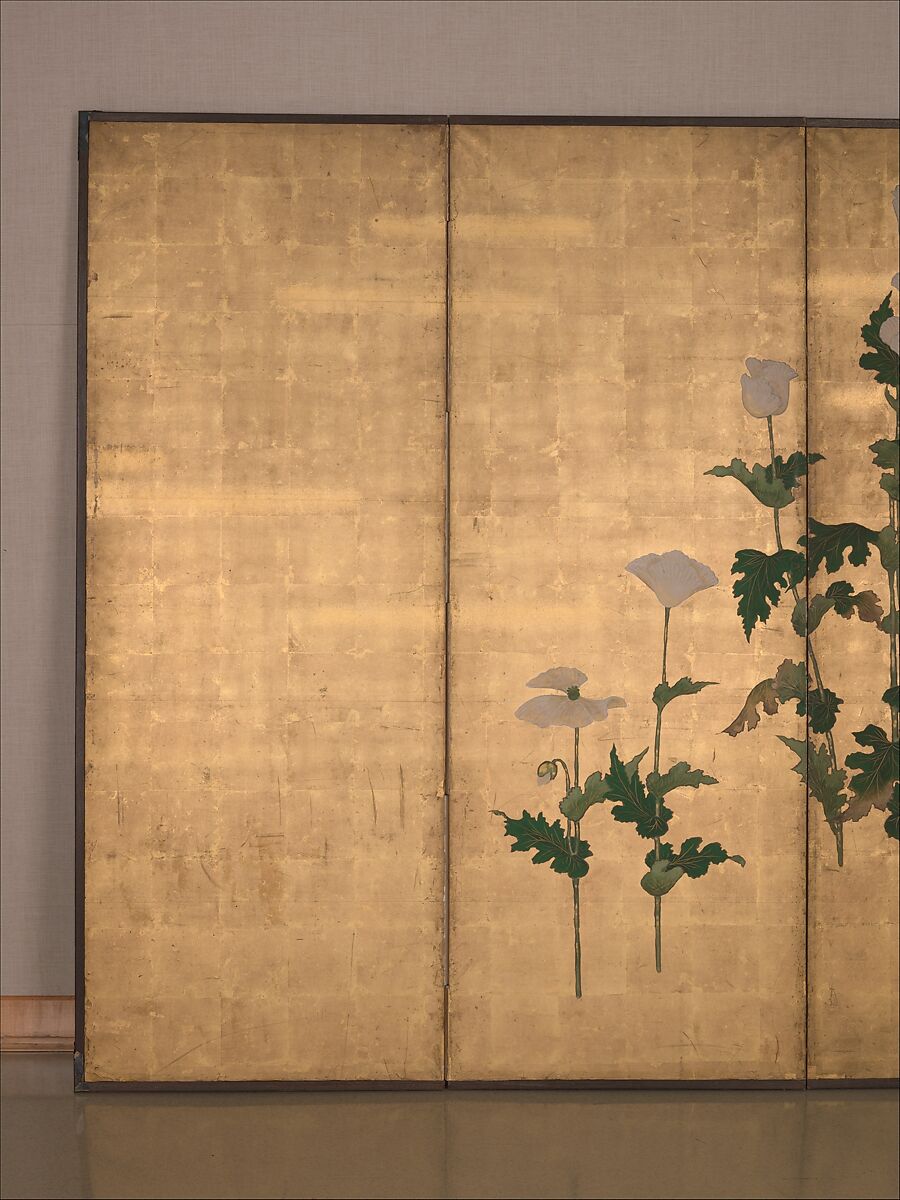White Poppies on Gold Ground, School of Ogata Kōrin (Japanese, 1658–1716), Six-panel folding screen; color on paper, Japan
