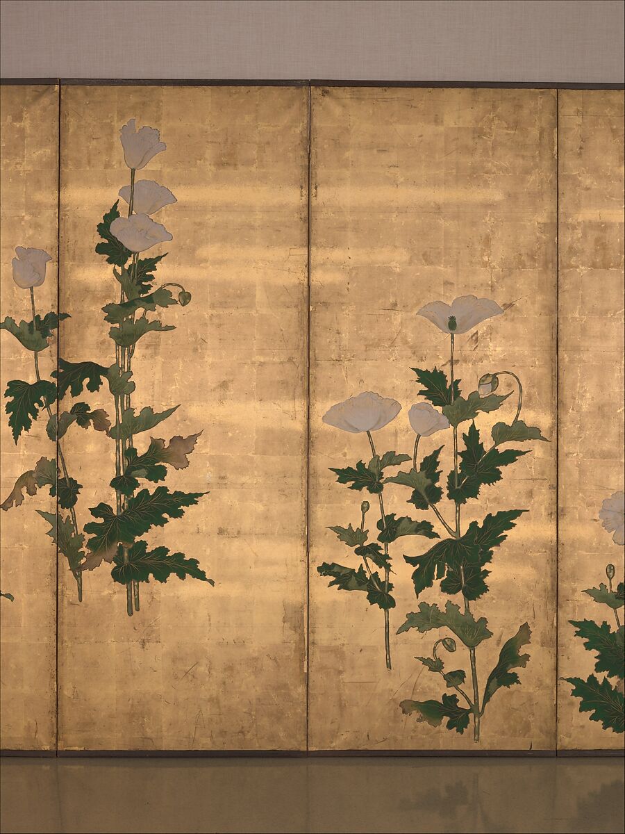 White Poppies on Gold Ground, School of Ogata Kōrin (Japanese, 1658–1716), Six-panel folding screen; color on paper, Japan