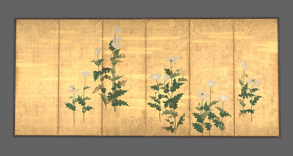 White Poppies on Gold Ground, School of Ogata Kōrin (Japanese, 1658–1716), Six-panel folding screen; color on paper, Japan 