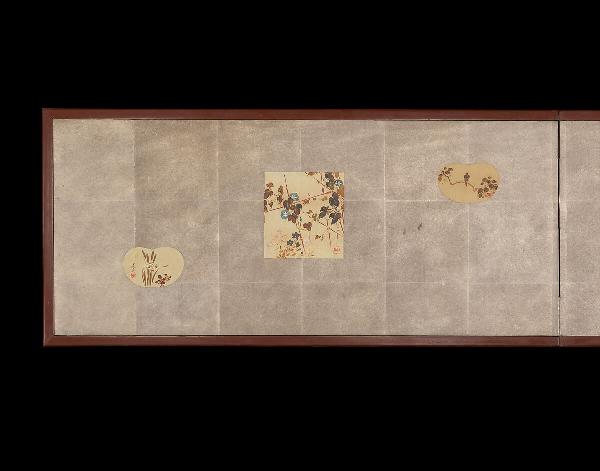 Folding Screen for Tea Ceremony with Six Bird-and-Flower Paintings, In the style of Shibata Zeshin (Japanese, 1807–1891), Two-panel folding screen; lacquer, color, and silver on paper, Japan