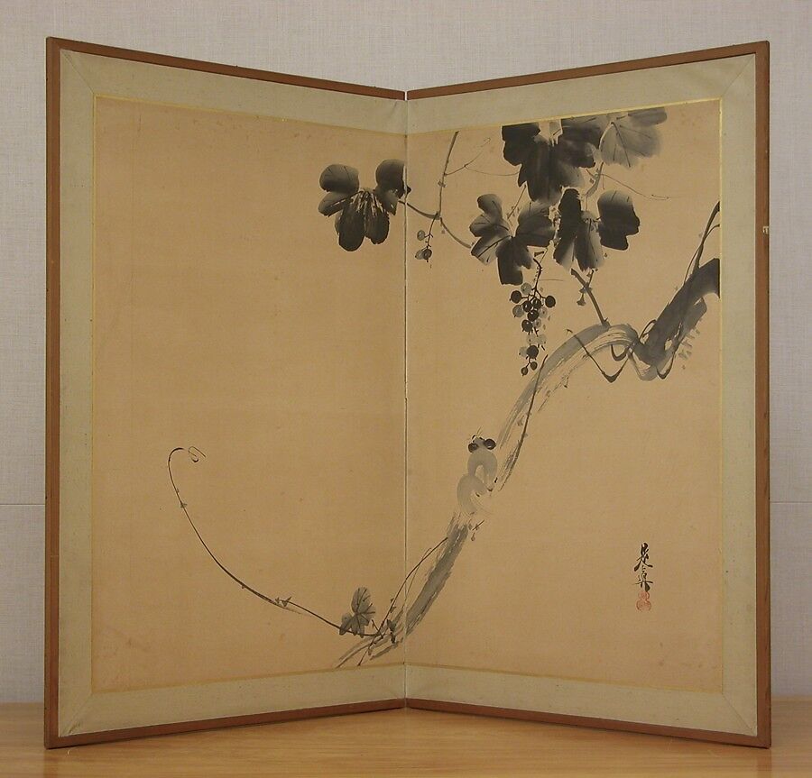 Squirrel on Grapevine, Shibata Zeshin (Japanese, 1807–1891), Two-panel folding screen; ink on paper, Japan 