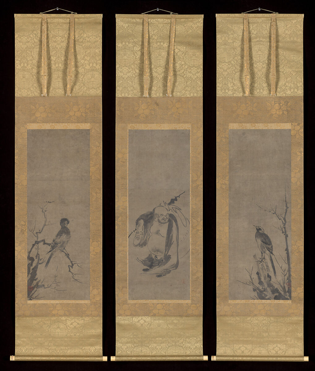 Hotei, flanked by panels of birds, After Kenkō Shōkei (Japanese, active ca. 1478–ca. 1523), Paint on paper, Japan