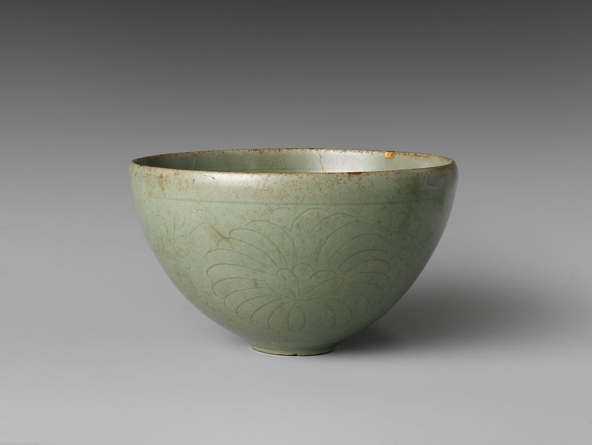Bowl with flowers, waves, and a cloud, Stoneware with incised design under celadon glaze, Korea