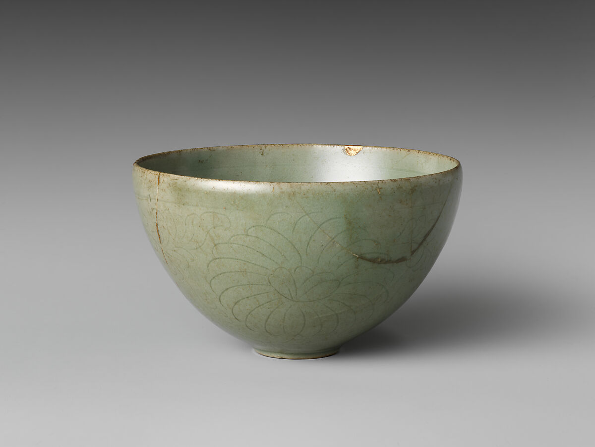 Bowl with flowers, waves, and a cloud, Stoneware with incised design under celadon glaze, Korea