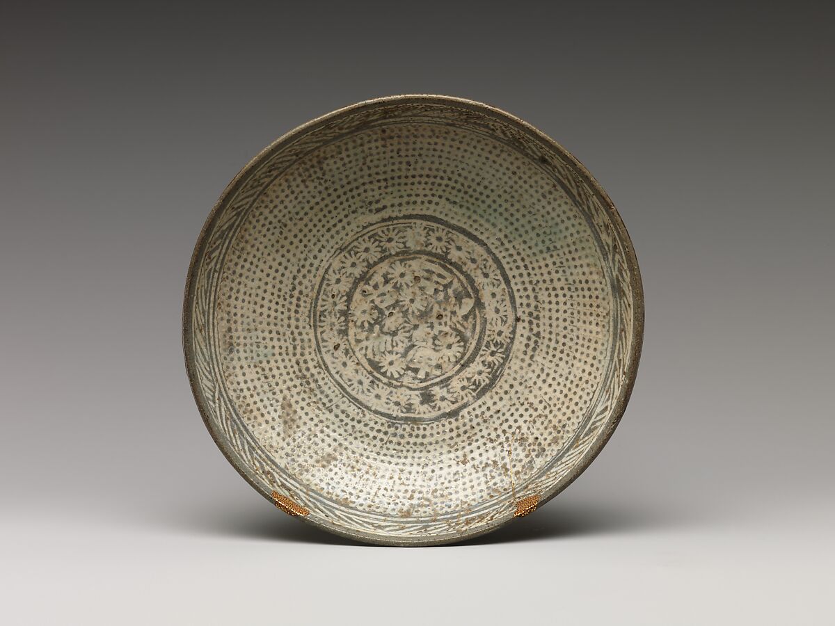 Dish with inscription and decorated with chrysanthemums and rows of dots, Buncheong ware with stamped design, Korea