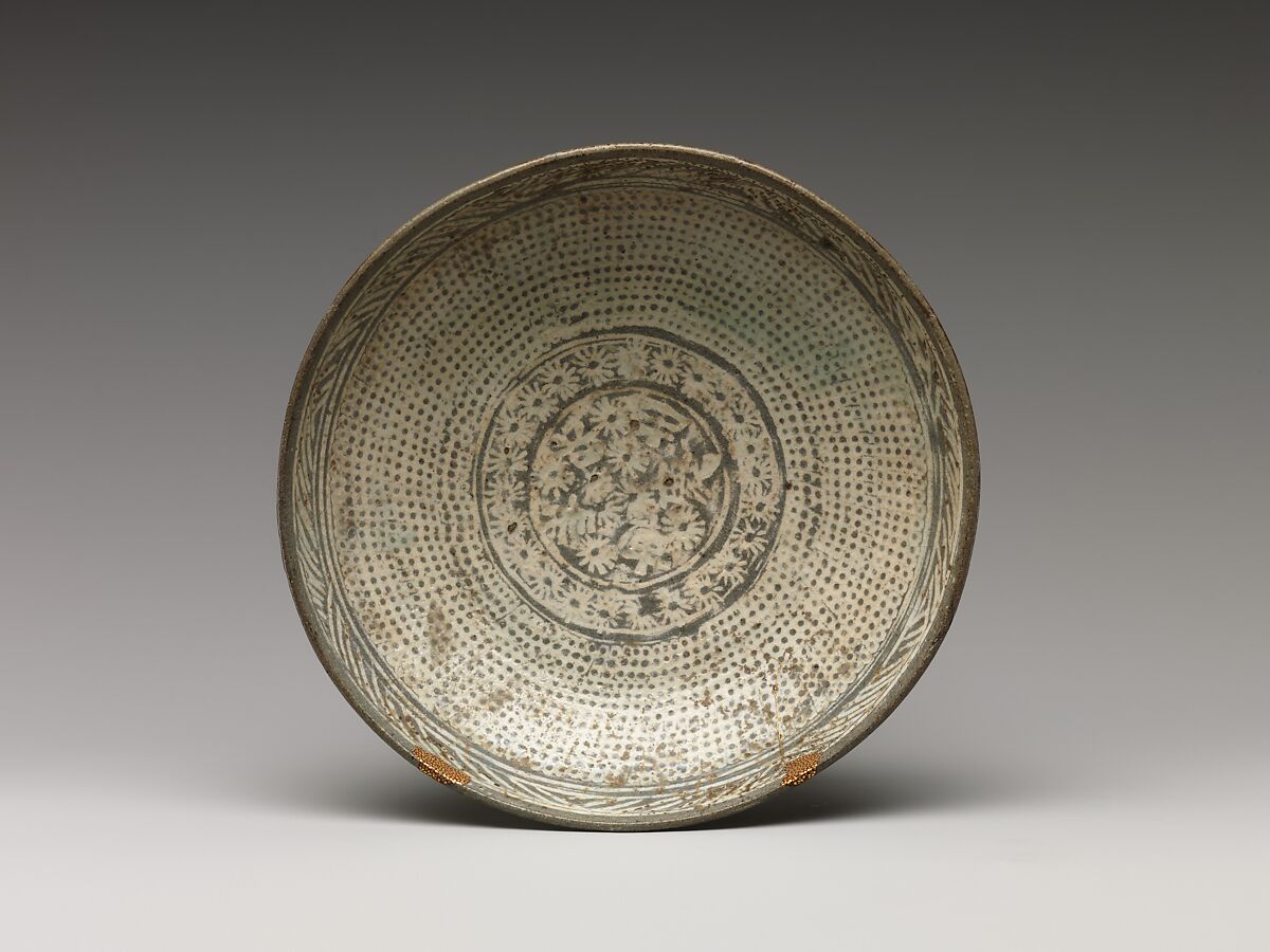 Dish with inscription and decorated with chrysanthemums and rows of dots, Buncheong ware with stamped design, Korea 