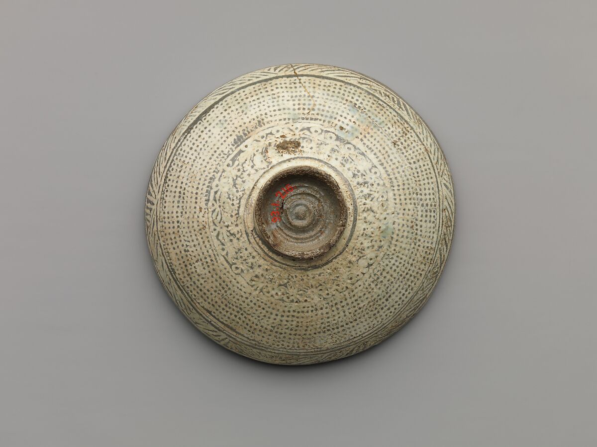 Dish with inscription and decorated with chrysanthemums and rows of dots, Buncheong ware with stamped design, Korea