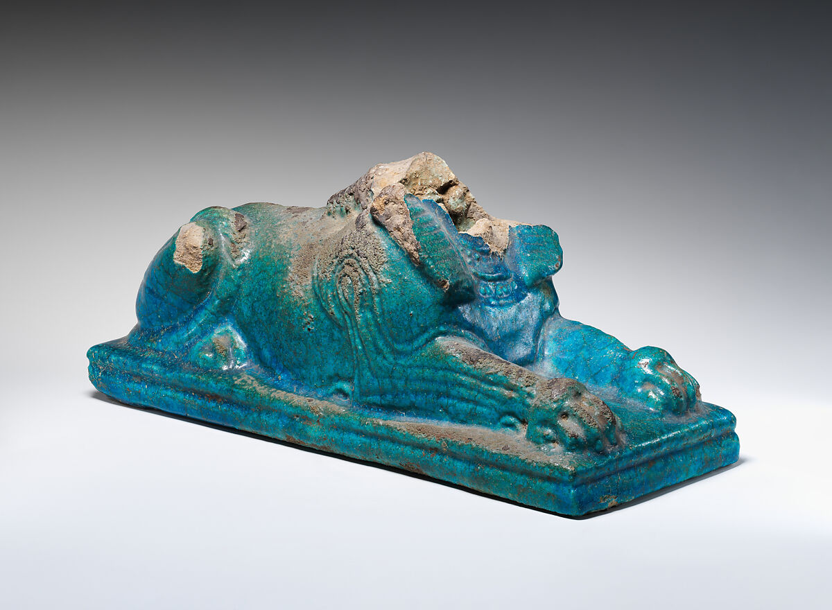 Sphinx with head broken away, Faience 