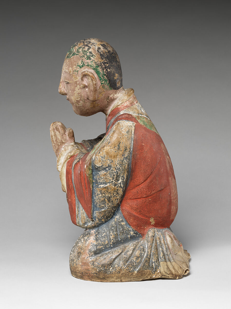 Seated arhat, Clay, wood, textile, paper, pigment, Korea
