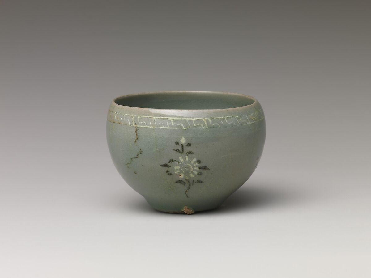 Cup, Stoneware with inlaid decoration of chrysanthemums under celadon glaze, Korea