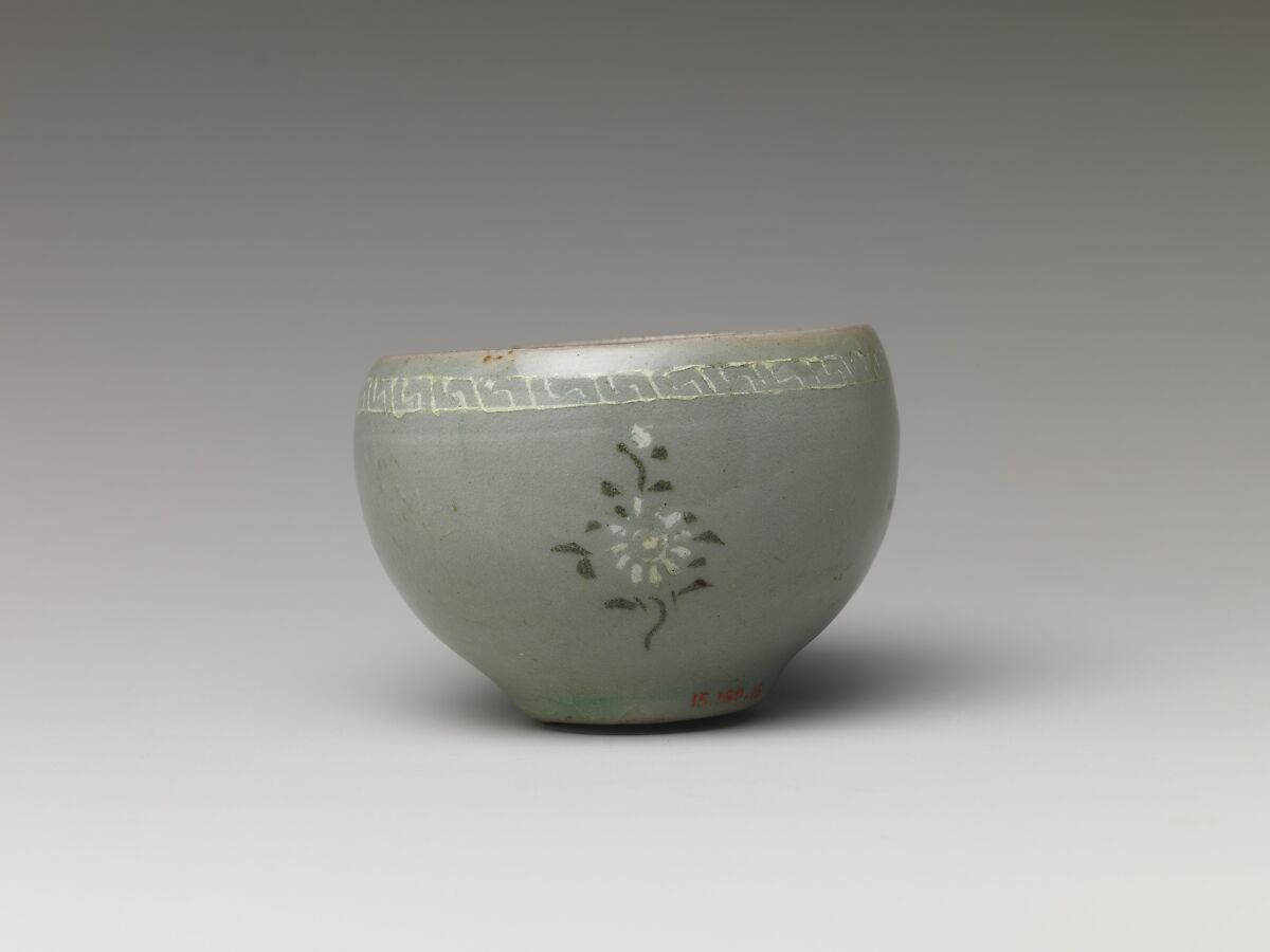 Cup, Stoneware with inlaid decoration of chrysanthemums under celadon glaze, Korea
