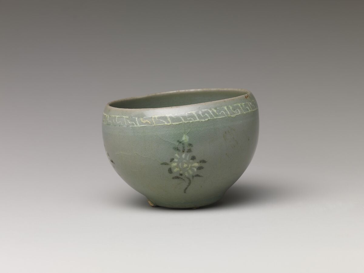 Cup, Stoneware with inlaid decoration of chrysanthemums under celadon glaze, Korea
