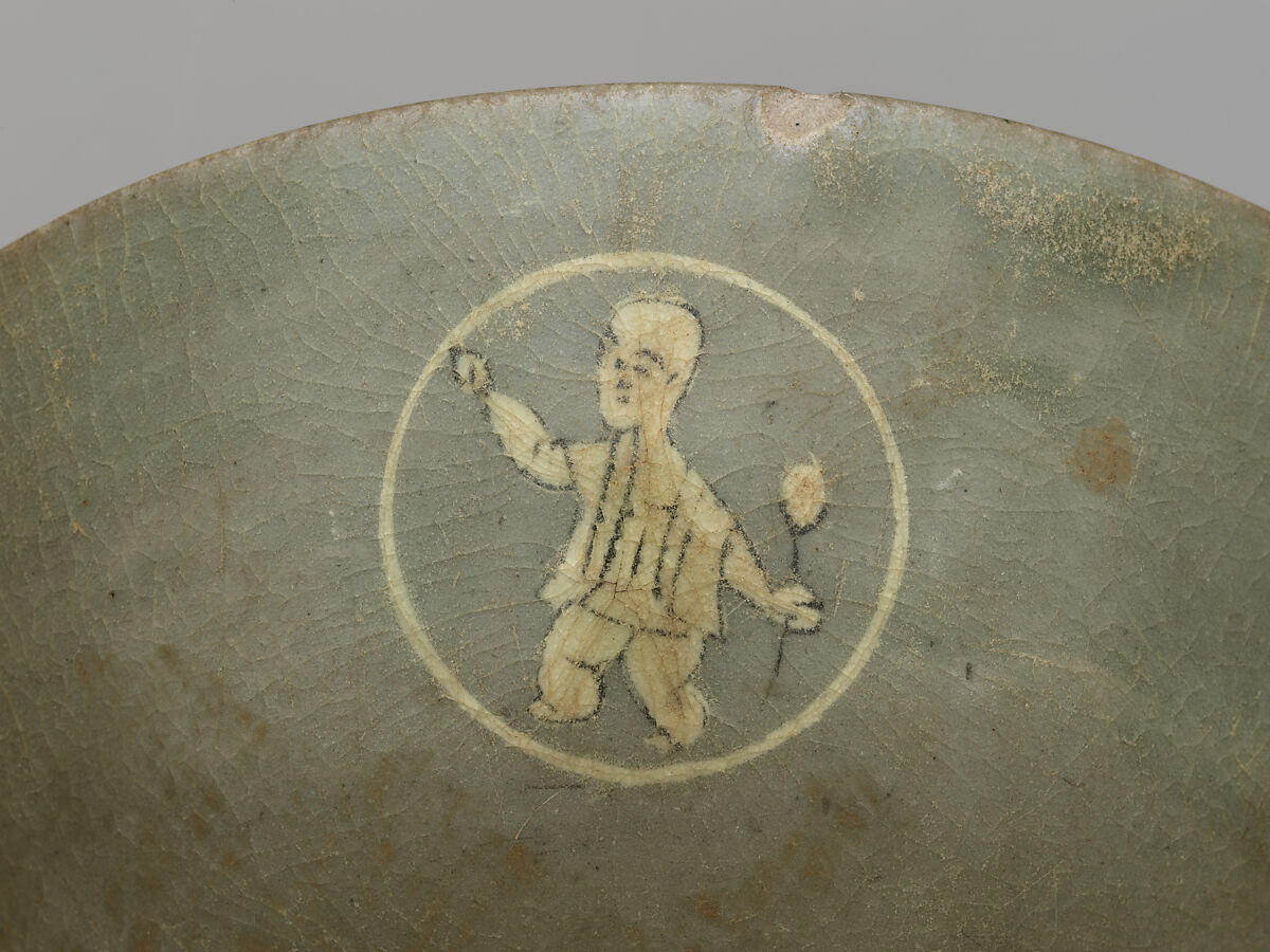 Bowl with boys and grapevines, Stoneware with inlaid and mold-impressed design under celadon glaze, Korea