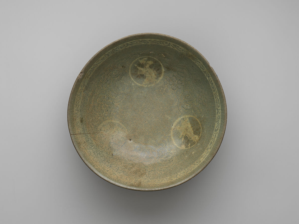 Bowl with boys and grapevines, Stoneware with inlaid and mold-impressed design under celadon glaze, Korea