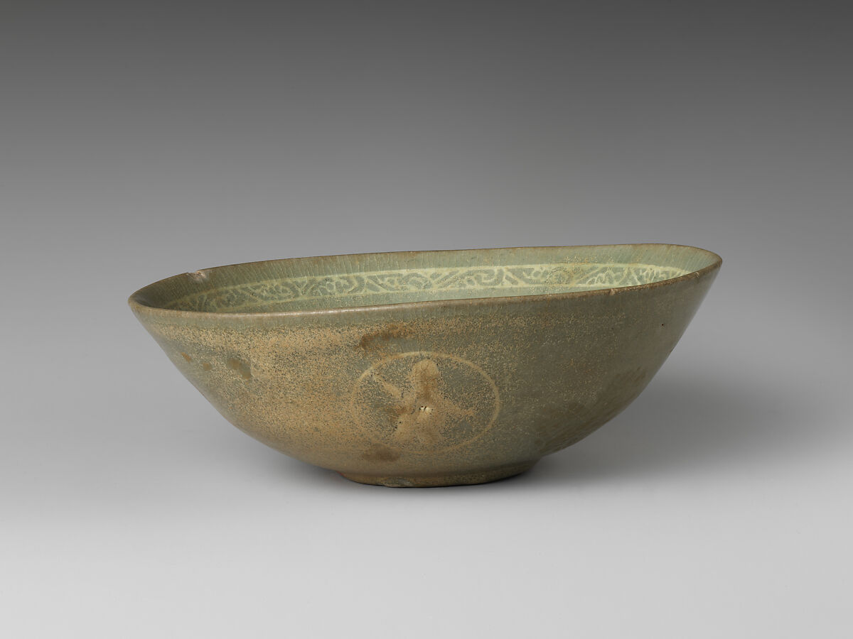 Bowl with boys and grapevines, Stoneware with inlaid and mold-impressed design under celadon glaze, Korea