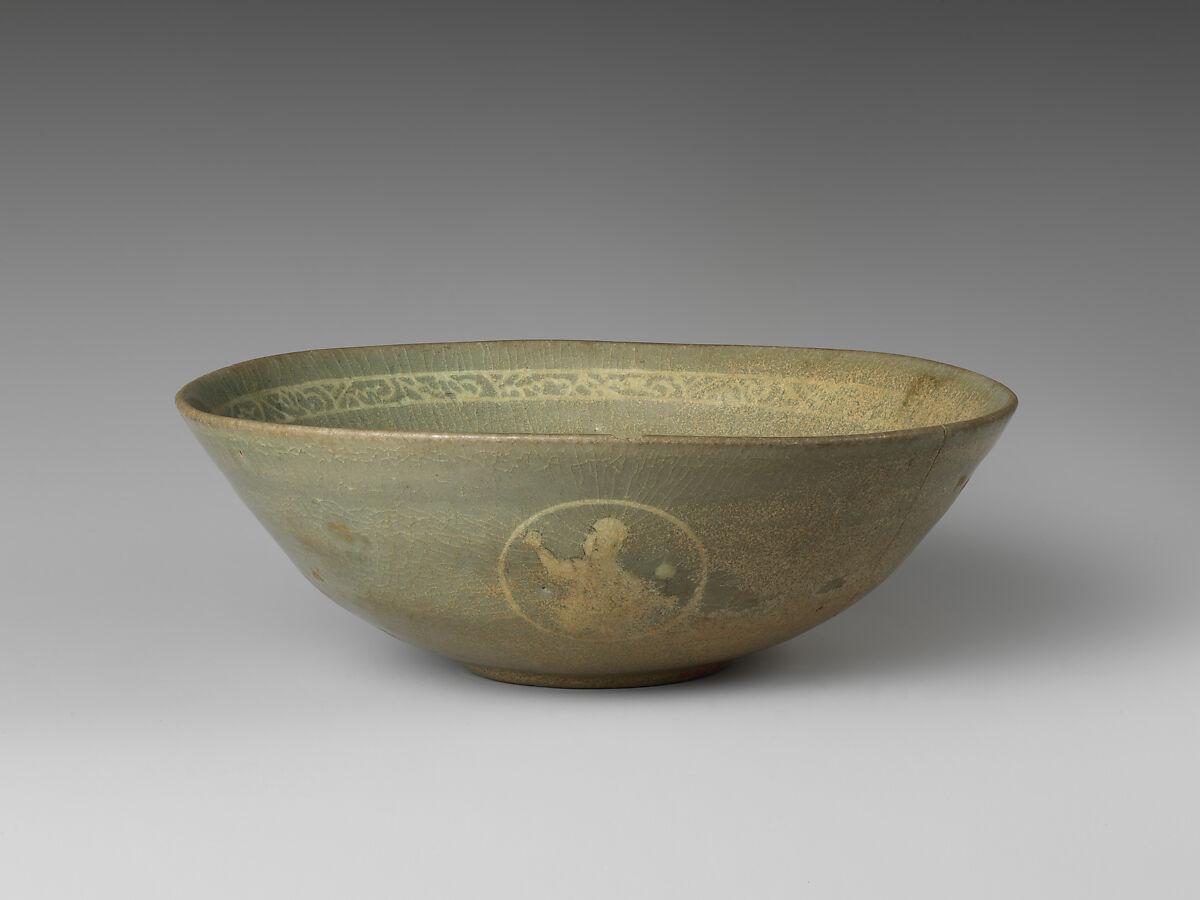 Bowl with boys and grapevines, Stoneware with inlaid and mold-impressed design under celadon glaze, Korea