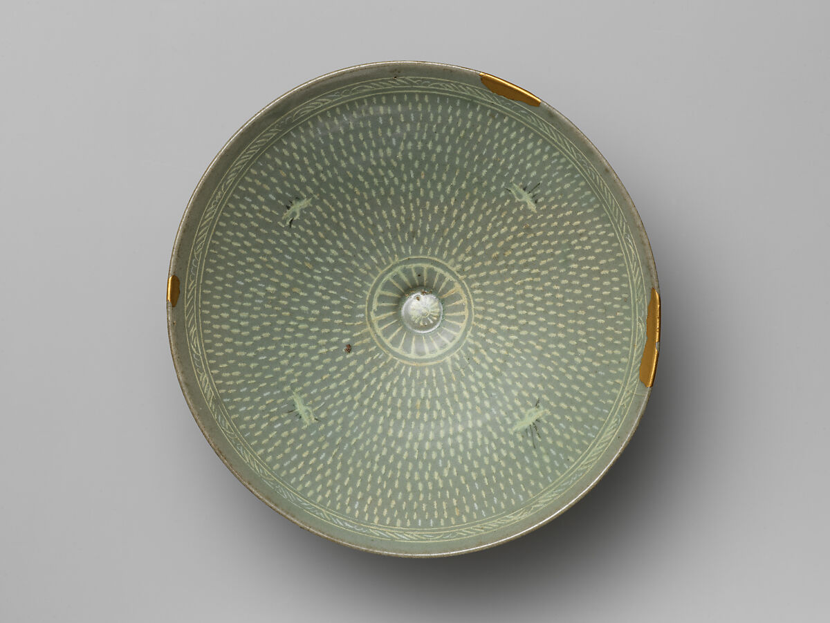 Bowl decorated with cranes, rain, and chrysanthemums, Stoneware with inlaid design under celadon glaze, Korea