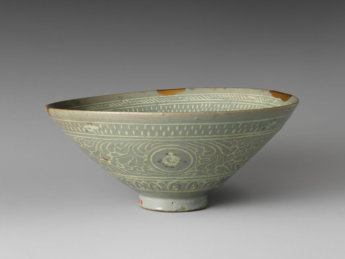 Bowl decorated with cranes, rain, and chrysanthemums, Stoneware with inlaid design under celadon glaze, Korea