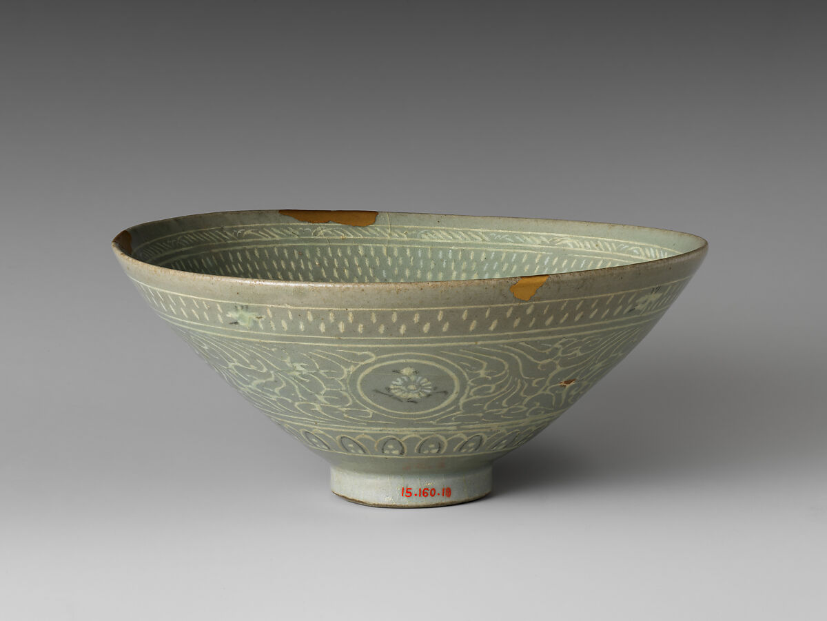 Bowl decorated with cranes, rain, and chrysanthemums, Stoneware with inlaid design under celadon glaze, Korea