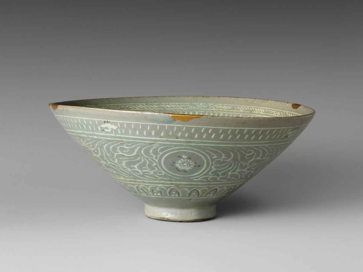 Bowl decorated with cranes, rain, and chrysanthemums, Stoneware with inlaid design under celadon glaze, Korea
