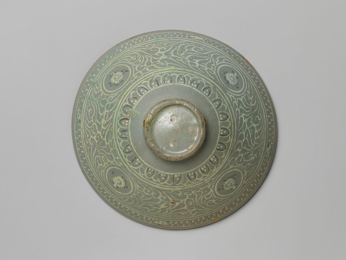Bowl decorated with cranes, rain, and chrysanthemums, Stoneware with inlaid design under celadon glaze, Korea