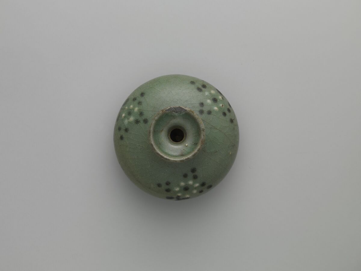 Oil Bottle, Stoneware with iron-brown and white-slip-painted decoration of dots under celadon glaze, Korea