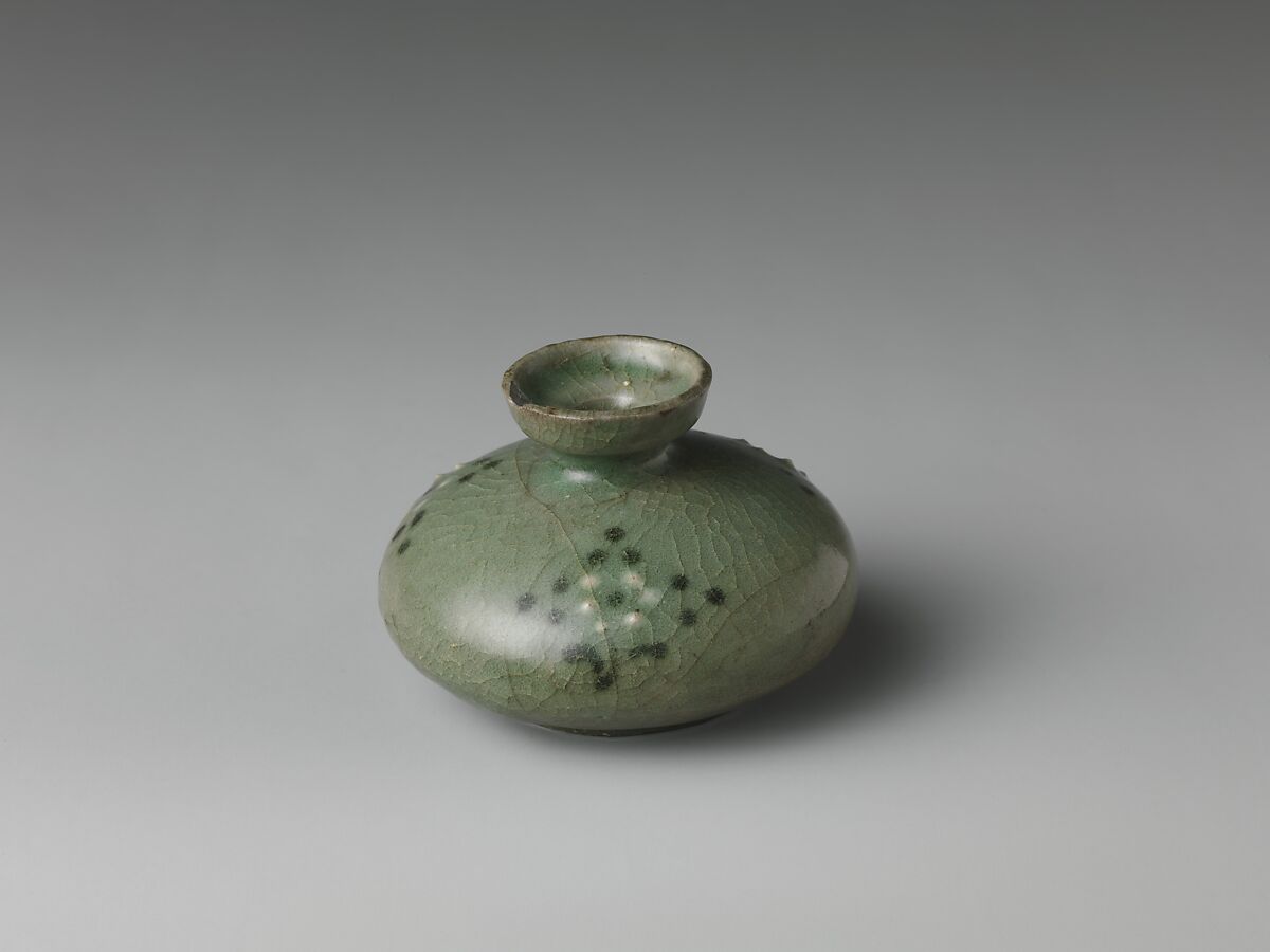 Oil Bottle, Stoneware with iron-brown and white-slip-painted decoration of dots under celadon glaze, Korea 