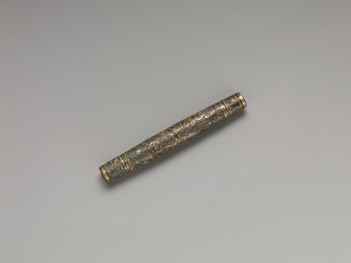 Needle case and bobbin, Partially gilt silver inlaid with niello, Korea 