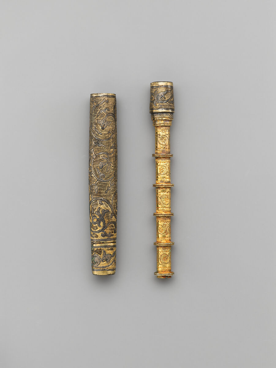 Needle case and bobbin, Partially gilt silver inlaid with niello, silver, Korea