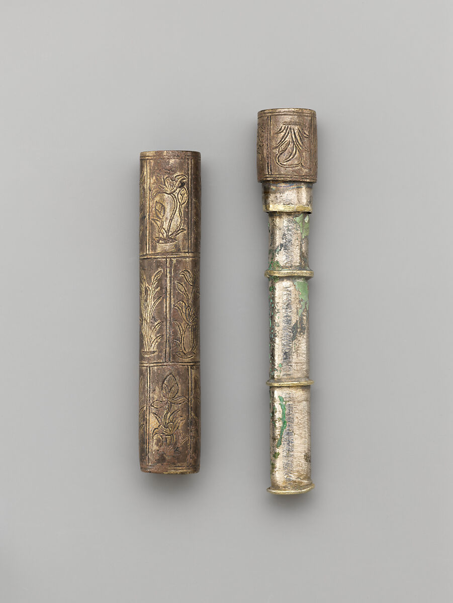 Needle case and bobbin, Partially gilt silver inlaid with niello; silver, Korea