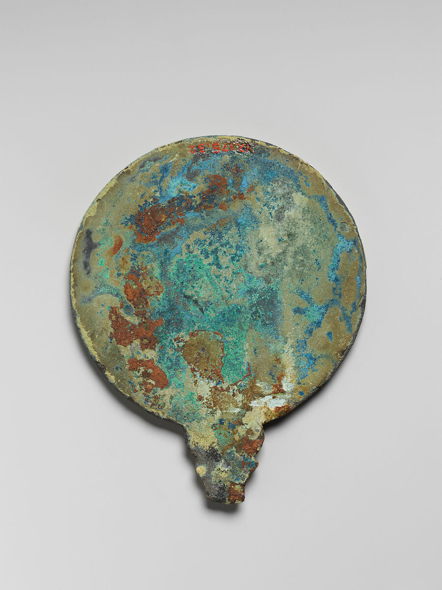 Mirror with handle and decorated with peacock, flowers, and birds, Bronze, Korea