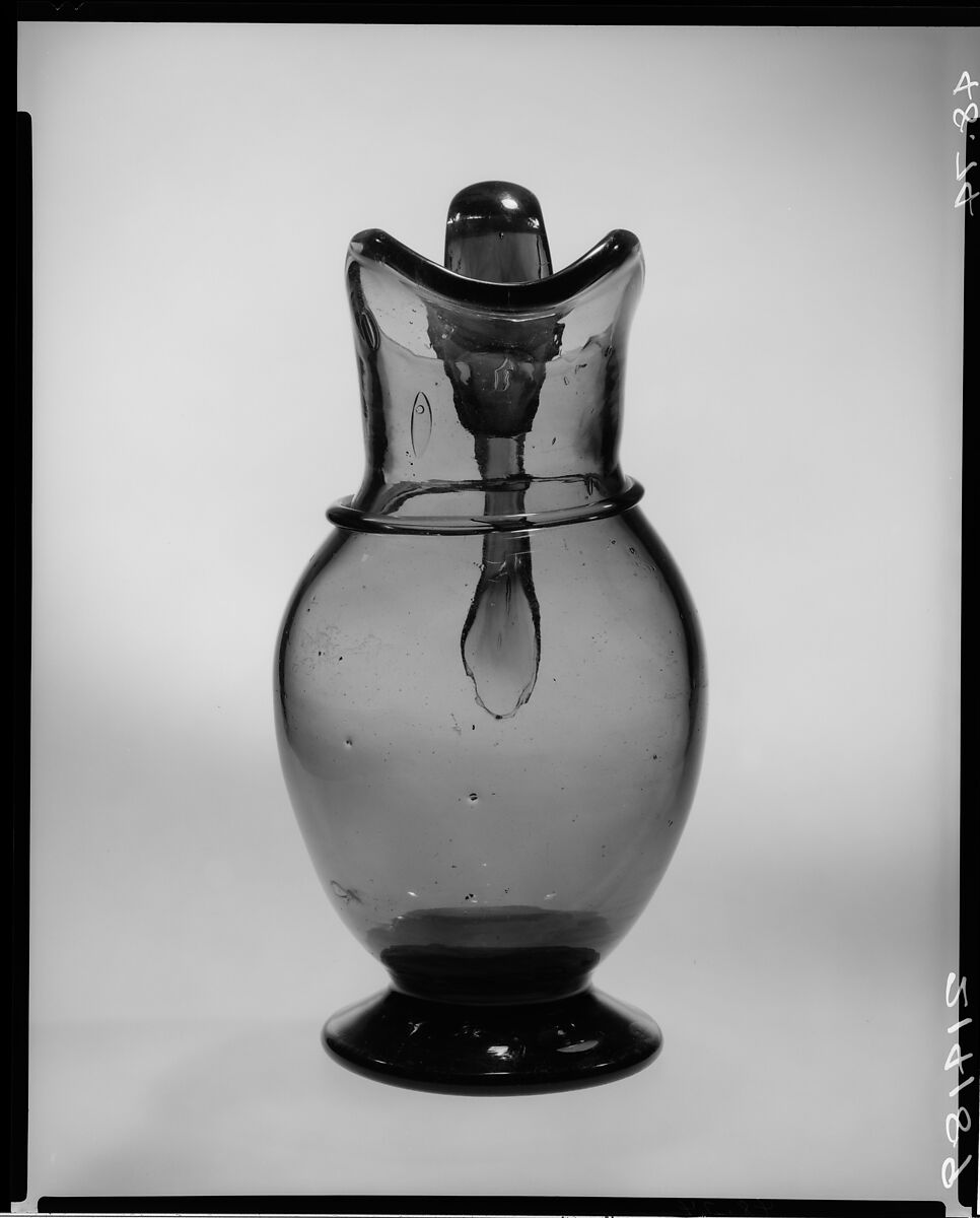 Pitcher, Blown green glass with applied decoration, American