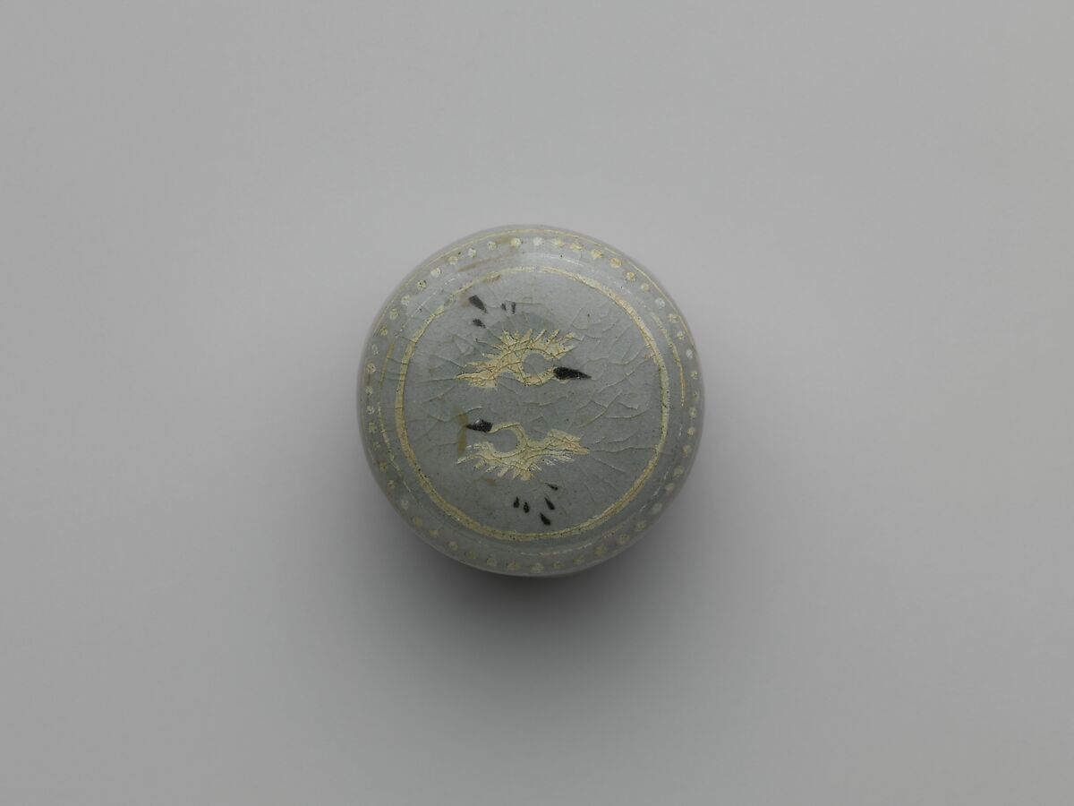 Box from set of five decorated with cranes and clouds, Stoneware with inlaid design under celadon glaze, Korea