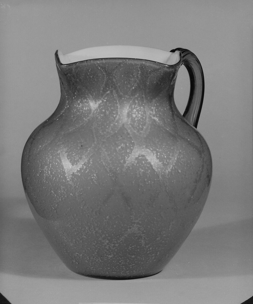 Pitcher, Blown spangled orange, white opaque and amber glass, mica flecks, American 