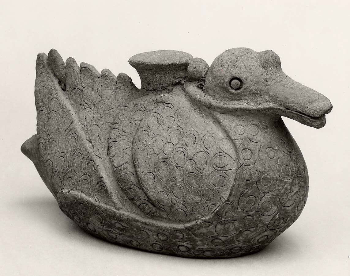 Bird-shaped vessel, Stoneware with stamped design, Korea 