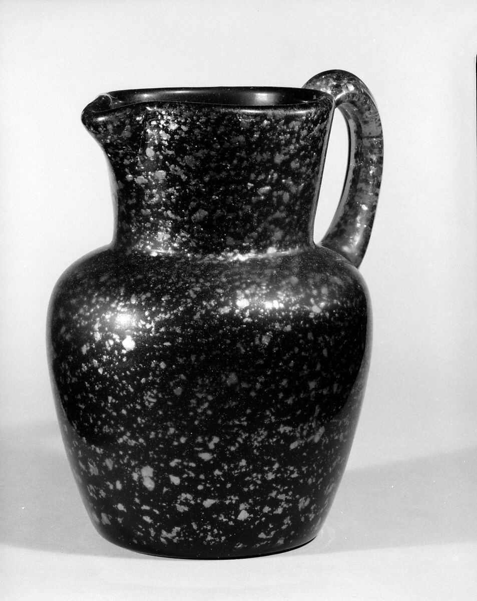 Pitcher, Blown spangled black and amber glass, American 
