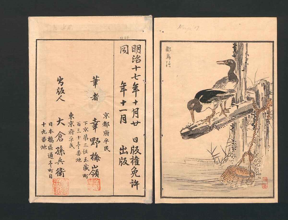 Bairei Picture Album of One Hundred Birds (Bairei hyakuchō gafu) 楳嶺百鳥畫譜, Kōno Bairei  幸野楳嶺 (Japanese, 1844–1895), Set of three polychrome woodblock printed books; ink and color on paper, Japan