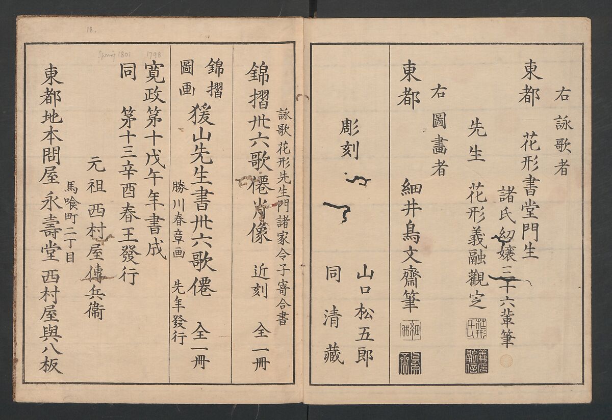 Brocade Prints of the Thirty-six Poetesses (Nishiki zuri onna sanjūrokkasen) 錦摺女三十六歌仙, Chōbunsai (Hosoda) Eishi , 鳥文斎(細田)栄之 (Japanese, 1756–1829), Ink and color on paper, Japan