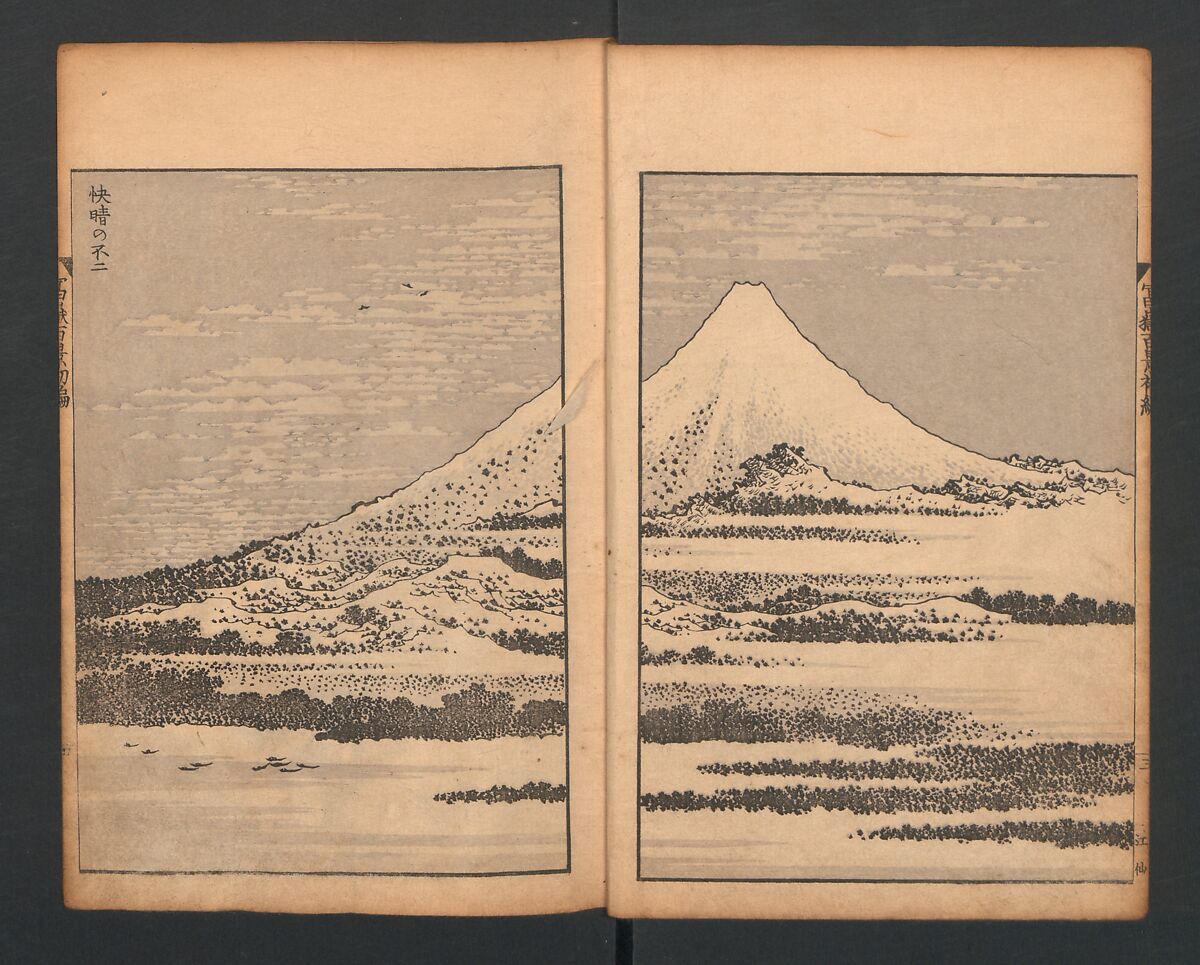 Mount Fuji of the Bamboo Grove, from One Hundred Views of Mount Fuji (Fugaku Hyakkei nihen), Katsushika Hokusai 葛飾北斎 (Japanese, Tokyo (Edo) 1760–1849 Tokyo (Edo)), Two volumes; woodblock print; ink on paper, Japan