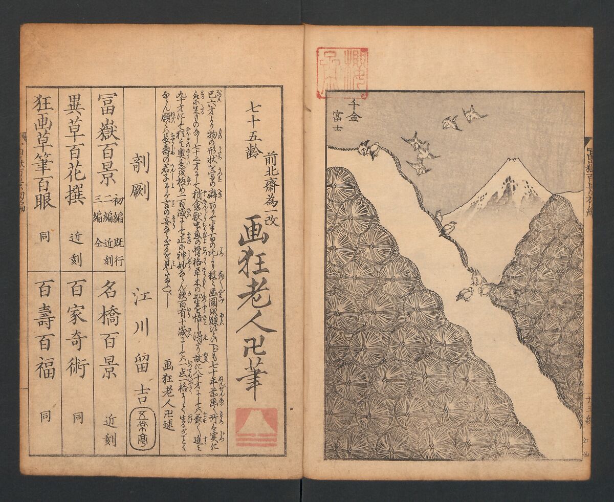 Mount Fuji of the Bamboo Grove, from One Hundred Views of Mount Fuji (Fugaku Hyakkei nihen), Katsushika Hokusai 葛飾北斎 (Japanese, Tokyo (Edo) 1760–1849 Tokyo (Edo)), Two volumes; woodblock print; ink on paper, Japan