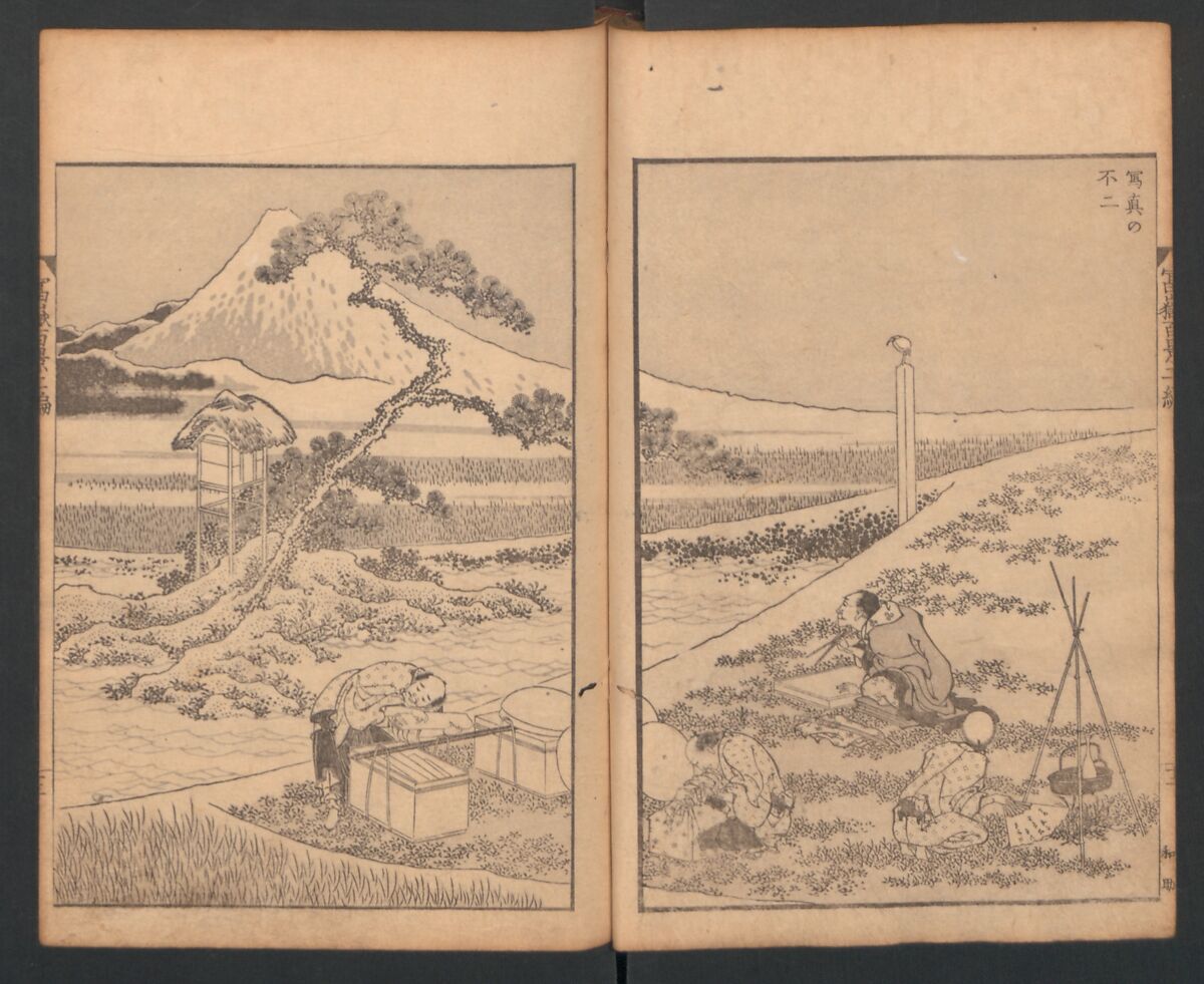Mount Fuji of the Bamboo Grove, from One Hundred Views of Mount Fuji (Fugaku Hyakkei nihen), Katsushika Hokusai 葛飾北斎 (Japanese, Tokyo (Edo) 1760–1849 Tokyo (Edo)), Two volumes; woodblock print; ink on paper, Japan