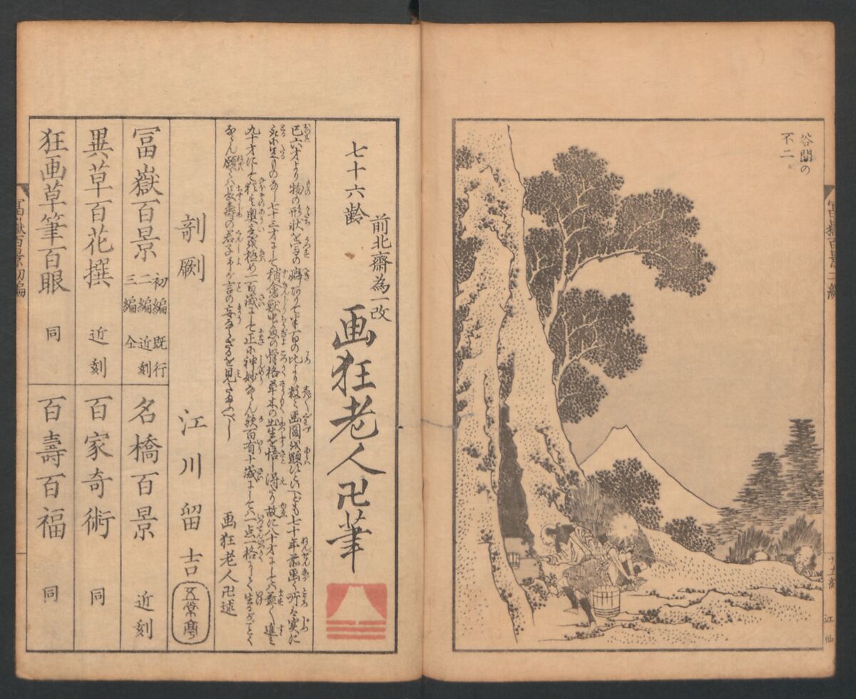Mount Fuji of the Bamboo Grove, from One Hundred Views of Mount Fuji (Fugaku Hyakkei nihen), Katsushika Hokusai 葛飾北斎 (Japanese, Tokyo (Edo) 1760–1849 Tokyo (Edo)), Two volumes; woodblock print; ink on paper, Japan