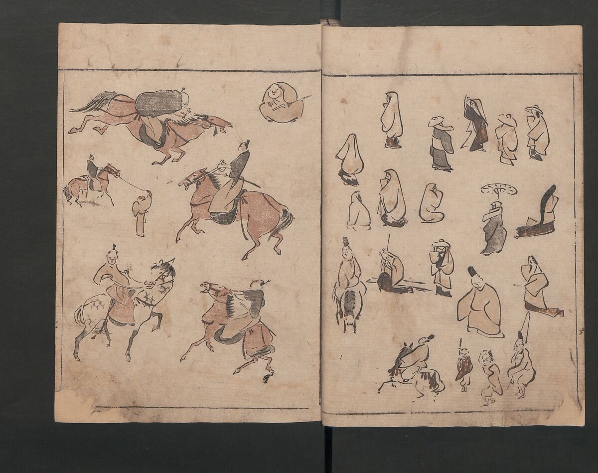 Abbreviated Drawing Styles (Figures)  (Ryakuga shiki)  略画式 (人物), Kuwagata Keisai 鍬形蕙斎 (Japanese, 1764–1824), Woodblock printed book; ink and color on paper, Japan