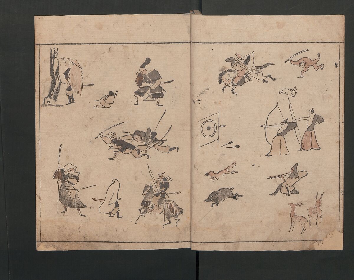 Abbreviated Drawing Styles (Figures)  (Ryakuga shiki)  略画式 (人物), Kuwagata Keisai 鍬形蕙斎 (Japanese, 1764–1824), Woodblock printed book; ink and color on paper, Japan