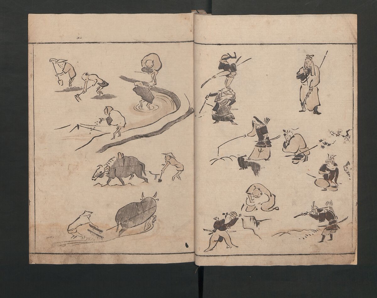 Abbreviated Drawing Styles (Figures)  (Ryakuga shiki)  略画式 (人物), Kuwagata Keisai 鍬形蕙斎 (Japanese, 1764–1824), Woodblock printed book; ink and color on paper, Japan