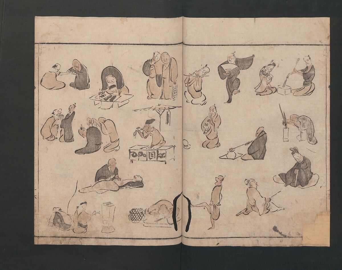 Abbreviated Drawing Styles (Figures)  (Ryakuga shiki)  略画式 (人物), Kuwagata Keisai 鍬形蕙斎 (Japanese, 1764–1824), Woodblock printed book; ink and color on paper, Japan