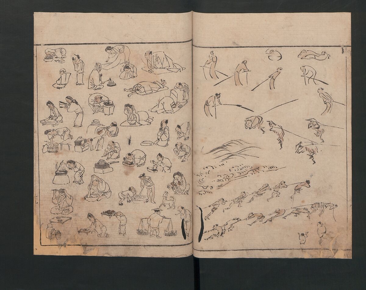 Abbreviated Drawing Styles (Figures)  (Ryakuga shiki)  略画式 (人物), Kuwagata Keisai 鍬形蕙斎 (Japanese, 1764–1824), Woodblock printed book; ink and color on paper, Japan